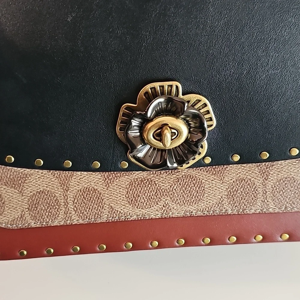 Coach Tea Rose handbag.  Chic Black and Brown Designer Handbag with Gold Chain - Picture 5 of 10